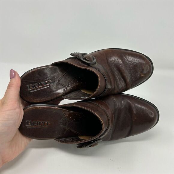 Born Women's Brown Leather Slip On Clogs Size 7 Buckle Detail Block Heel - Picture 9 of 11